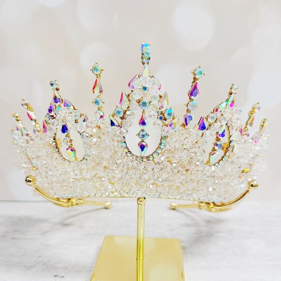 Gold Princess Crown, Prom headpiece, Bridal tiara, Diamond Crystal wedding crown